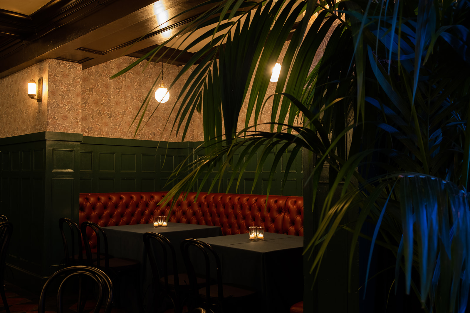 Cozy dimly lit restaurant corner with dark green paneling, a red tufted banquette, black chairs, and candlelit tables partly obscured by large green plants.